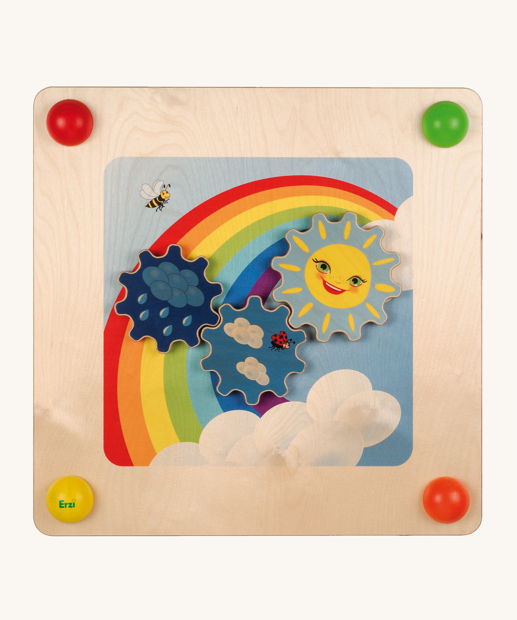 Erzi Sensory Weather Wall Board, showing a moveable sun, cloud and rain cogs, on a rainbow background