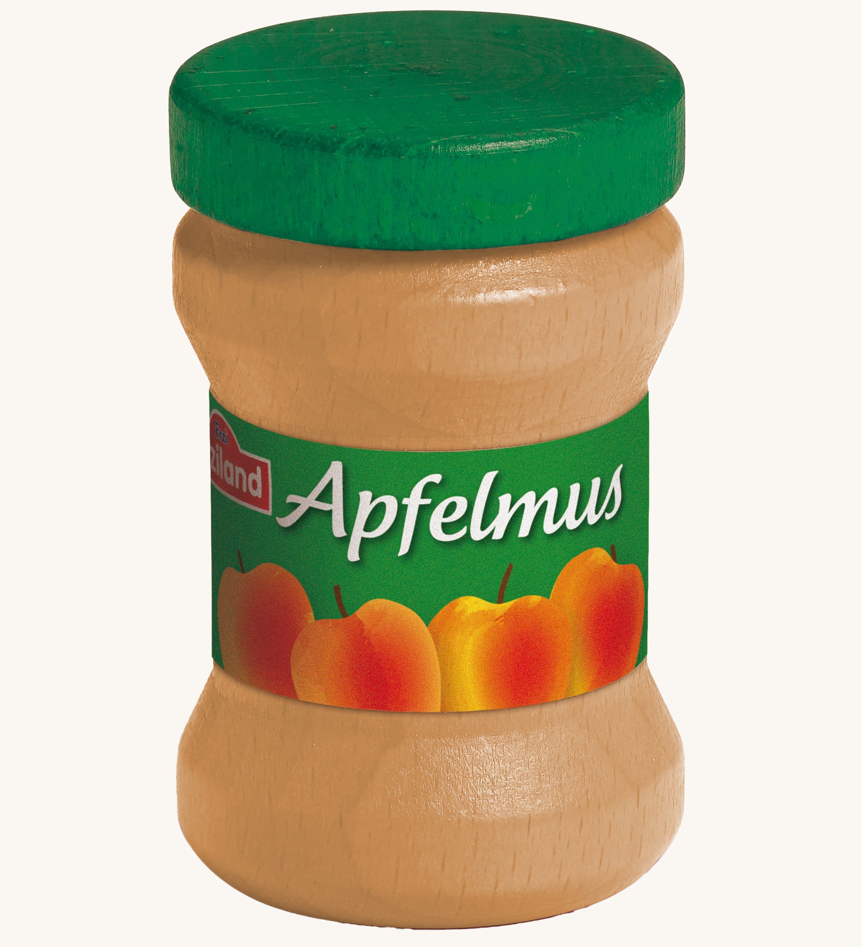 Erzi Wooden Apple Sauce jar, with a green lid and apple label. On a cream background. Perfect for playing cafe or shop