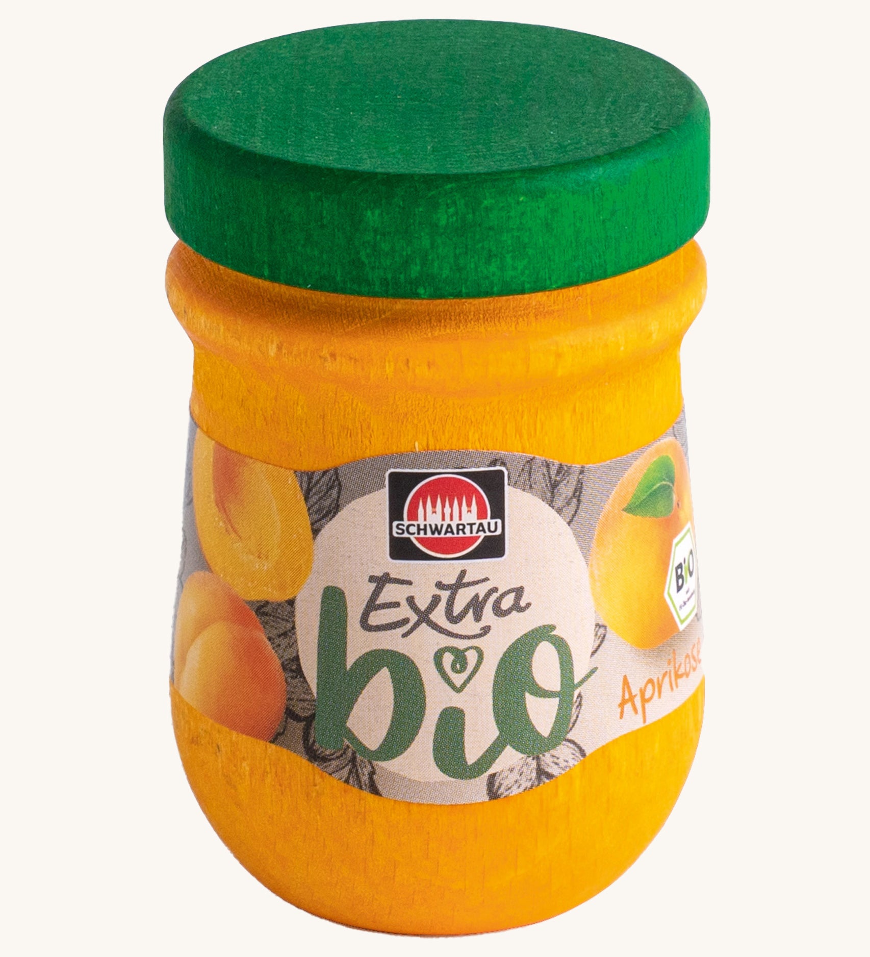 Erzi Wooden Apricot Jam. A colourful yellowand green wooden jar with an apricot jam label on the front. Perfect for playing cafe or shop, or even breakfast!