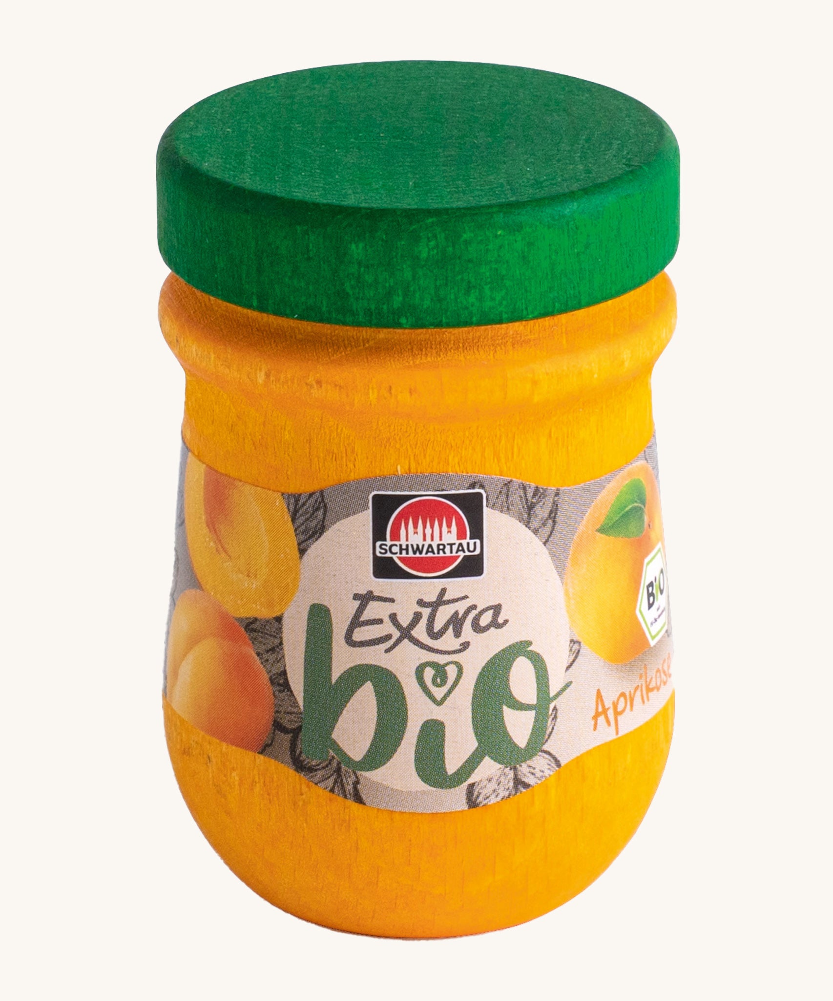 Erzi Wooden Apricot Jam. A colourful yellowand green wooden jar with an apricot jam label on the front. Perfect for playing cafe or shop, or even breakfast!