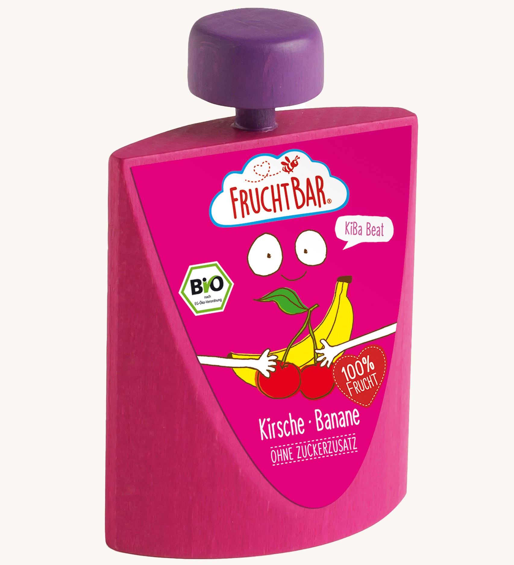 Erzi Wooden Squeezy Cherry & Banana Fruit Pouch. A bright pink wooden pouch, with a purple top, with a fun graphic banana and cherry label. On a Cream background