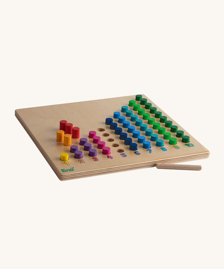 The Erzi Toys Counting Peg Board, with the colourful pegs inside the counting holes ranging from 1 to 10. A great way to learn about numbers