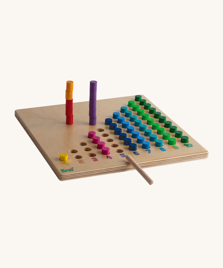 The colourful pegs in the Erzi Toys Counting Peg Board, stacked on top of each other. This would be a great toy for colour matching games too.