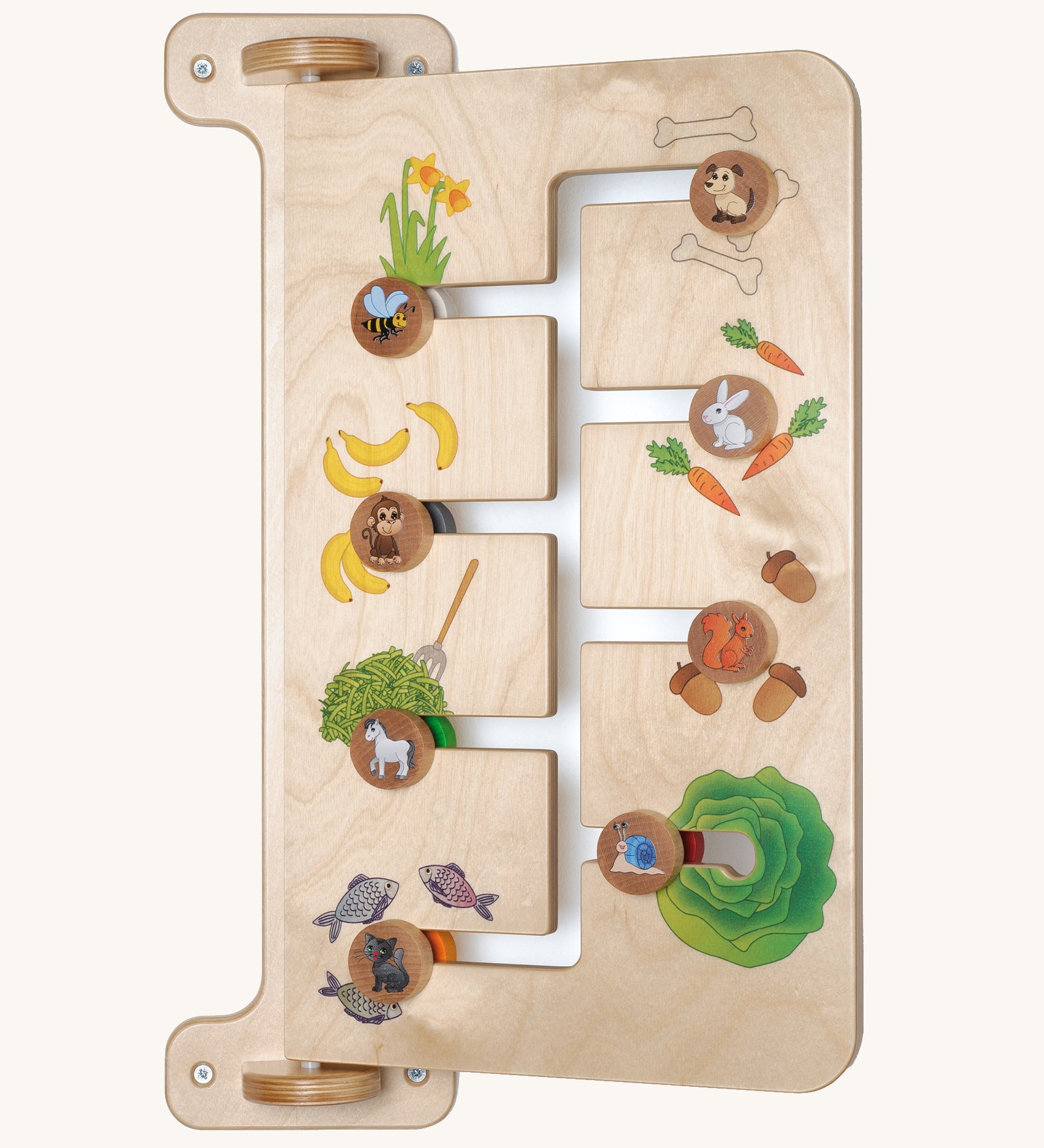 A closer look at one side of the Erzi Baby Animal Wallboard Game, showing an animal and their food matching game