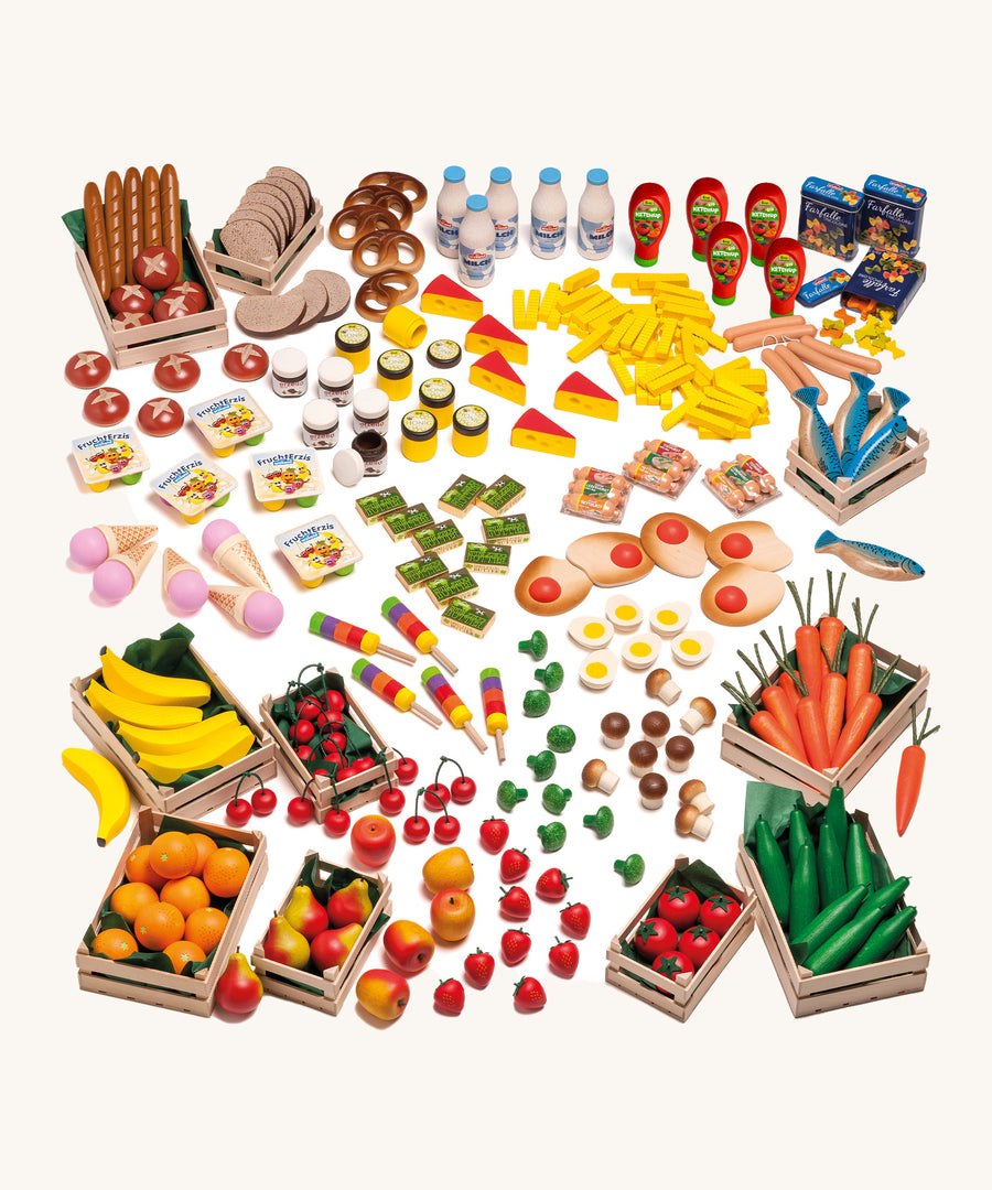 Erzi Wooden Food Shop Assortment. A huge selection of Erzi play food to fill up an Erzi shop, on a cream background