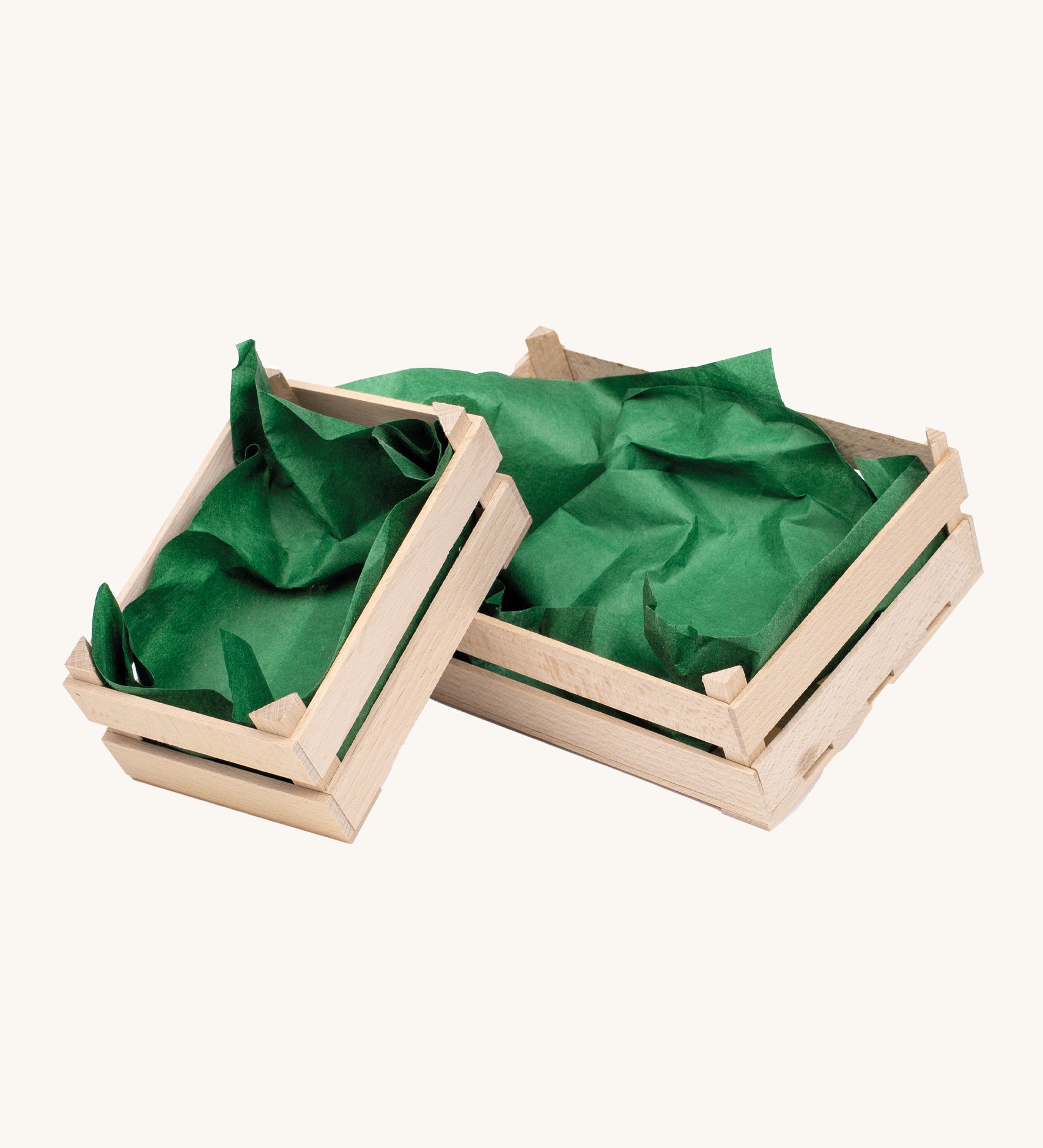 Erzi Wooden Crate - Small lined with green paper. The perfect accessory for any play shop and cafe to store food