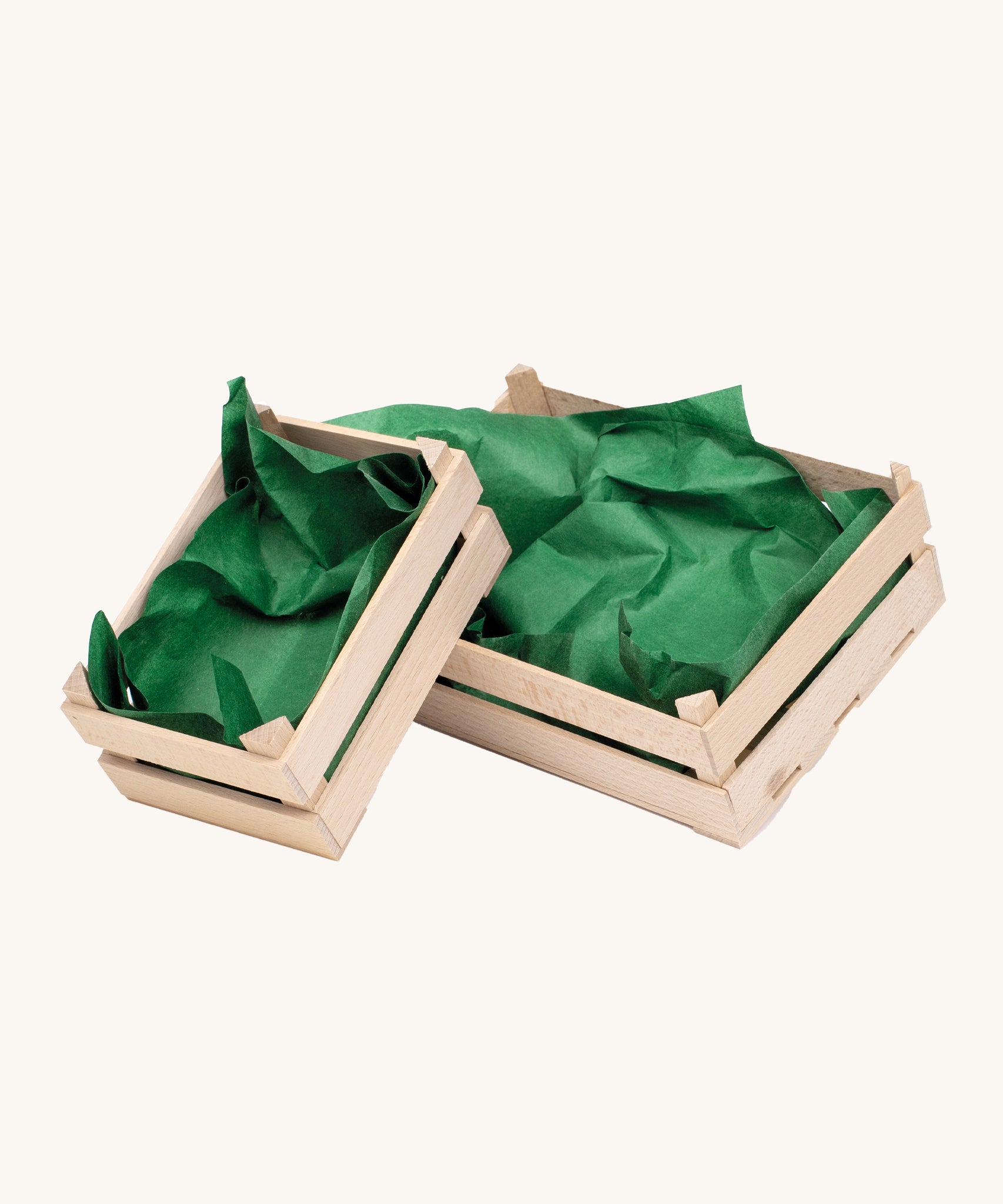 Erzi Wooden Crate - Small lined with green paper. The perfect accessory for any play shop and cafe to store food