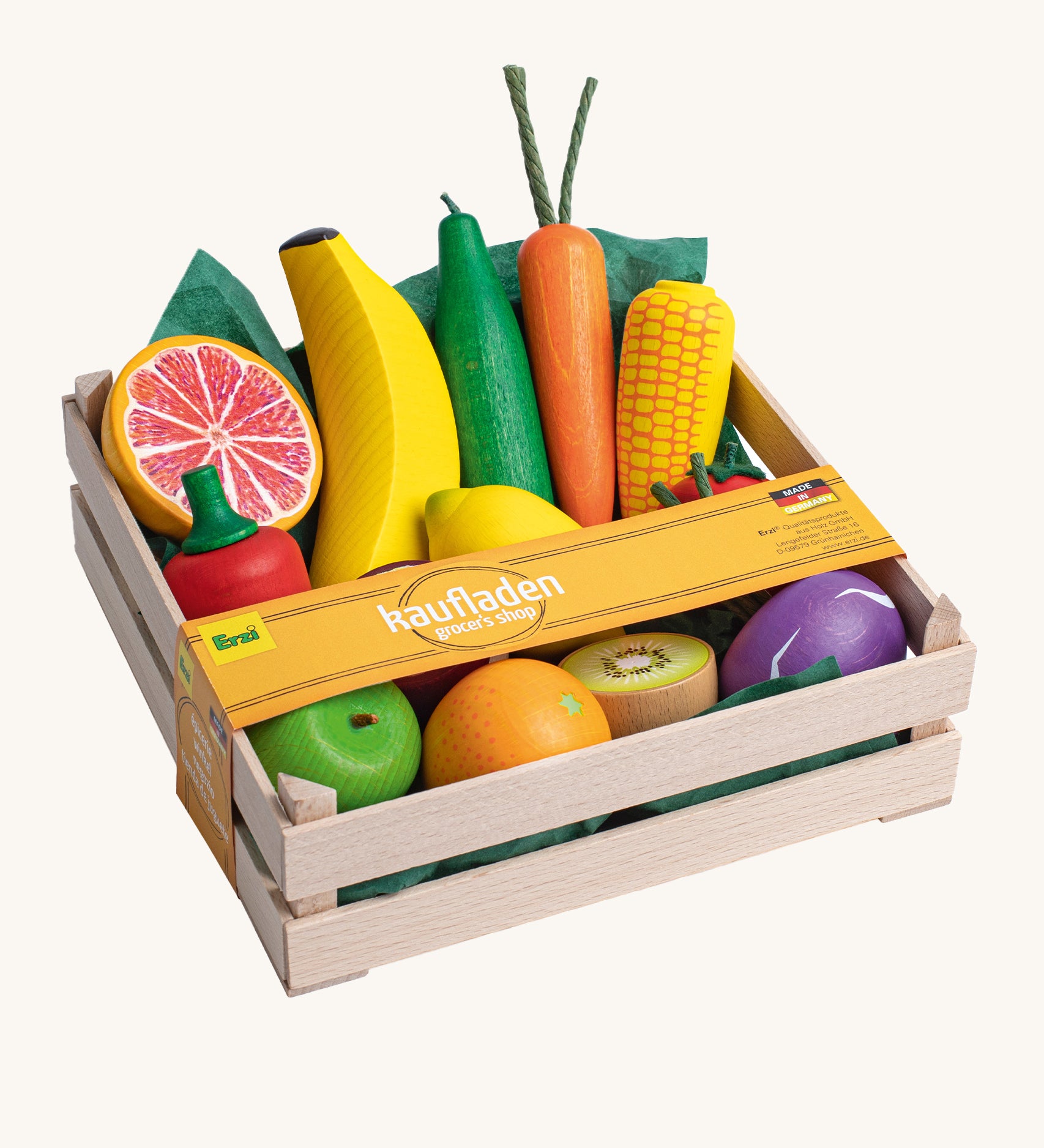 Erzi Wooden Assorted Fruits & Vegetables XL. A fantastic selection of large wooden fruits and vegetables, neatly inside a wooden Erzi crate. There is also a thin orange paper wrapping across the top of the crate