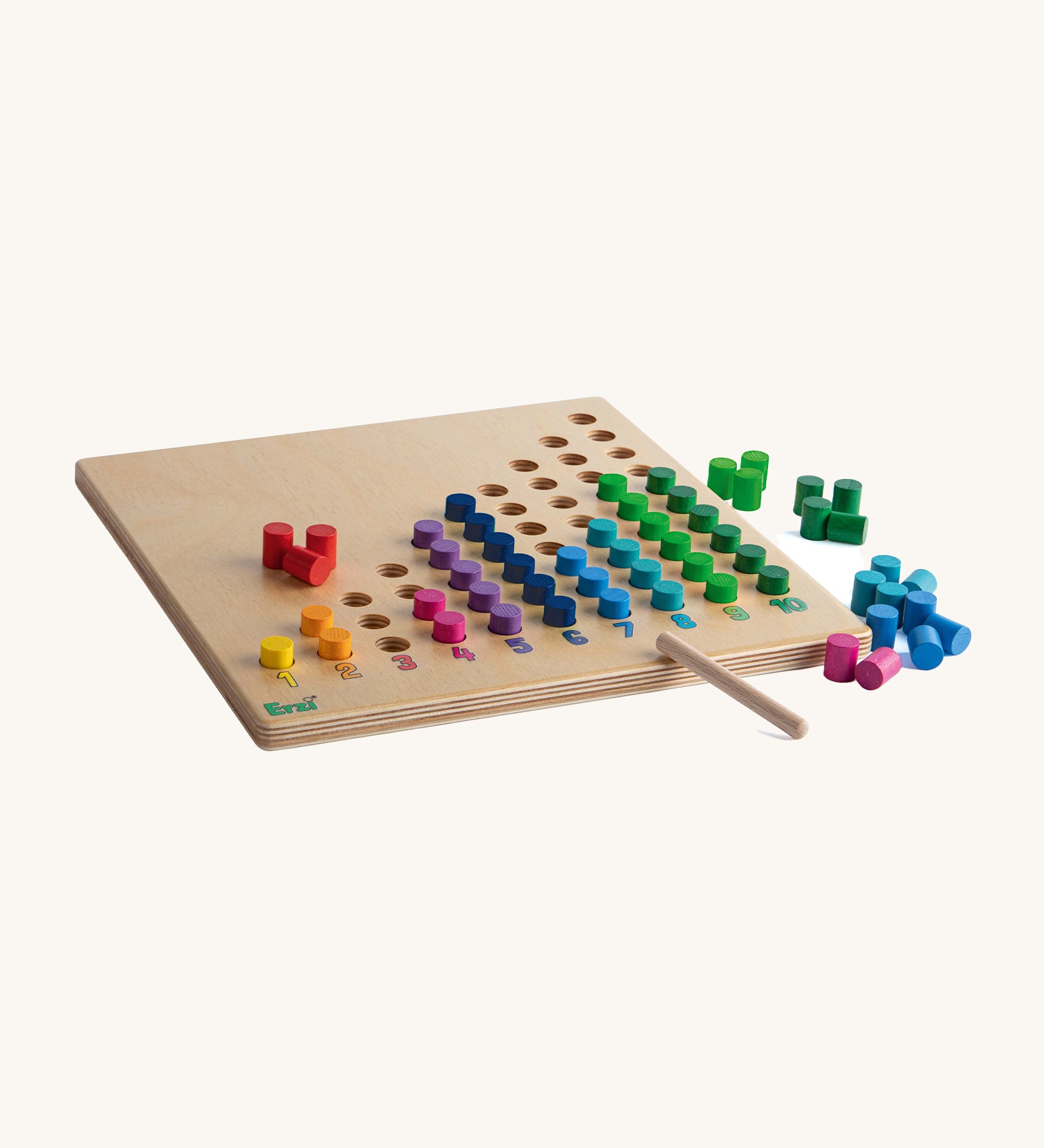 The Erzi Toys Counting Peg Board, showing the colourful pegs inside the cut out holes and next to the board.