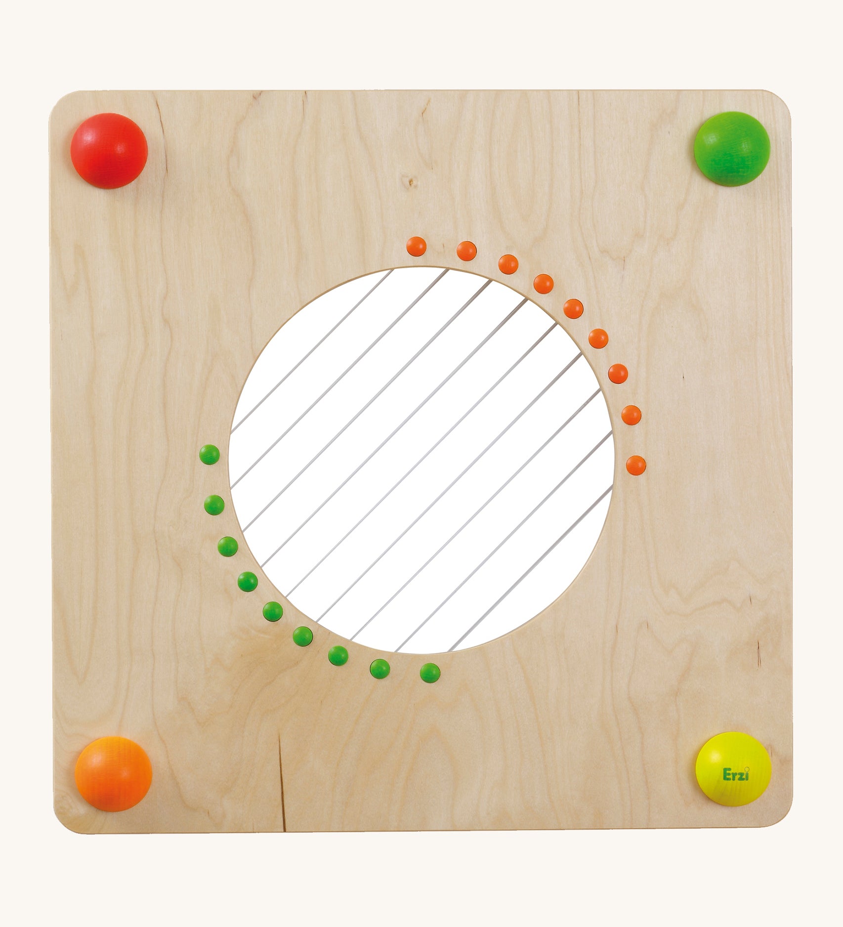 Erzi Baby Guitar Wall Board. A wooden board with strings, on a cream background. A fun wall mounted, musical learning toy for hours of musical fun