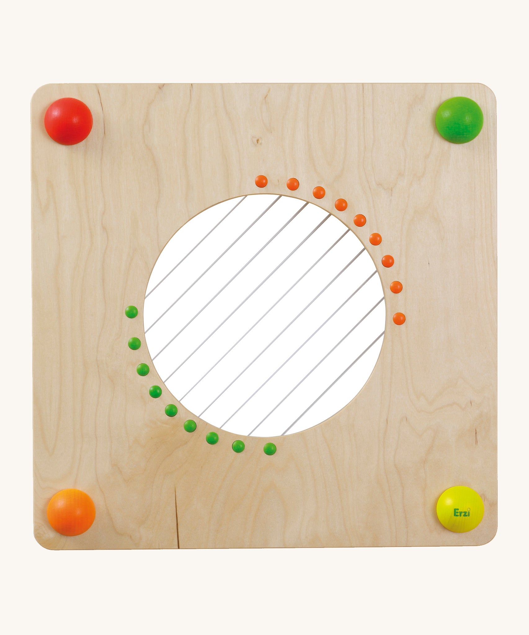 Erzi Baby Guitar Wall Board. A wooden board with strings, on a cream background. A fun wall mounted, musical learning toy for hours of musical fun