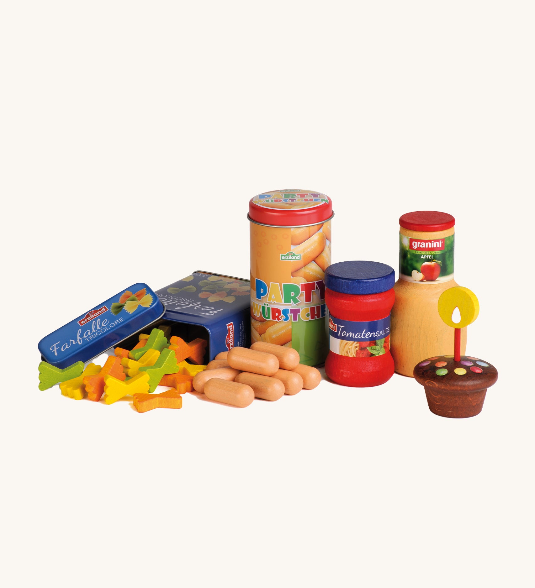 A closer look at the Erzi Wooden Party Food Set which includes pasta, party sausages, tomato sauce, apple juice, a cupcake and candle. On a cream background