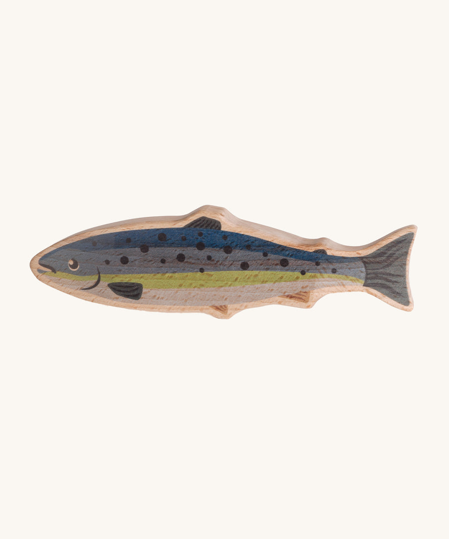 Erzi Wooden Salmon. A colourful wooden Salmon fish figure in blues,  greens and black spots on its back, on a cream background.