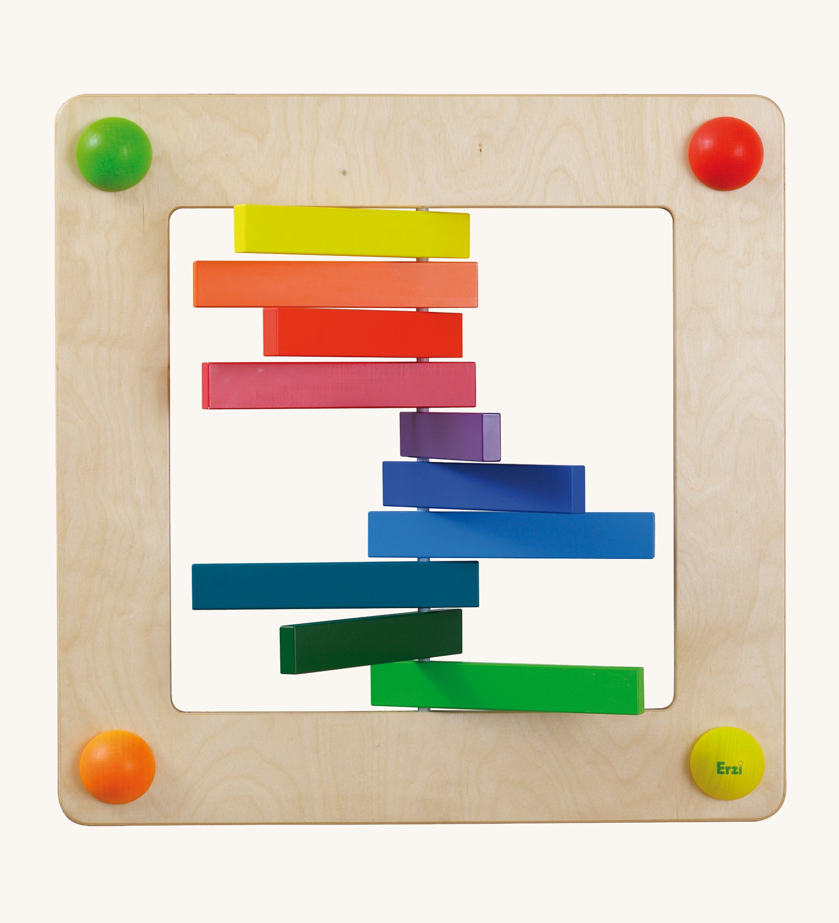 Erzi Sensory Rainbow Panel Wall Board. A fun, interactive wall board with 10 rotating rainbow blocks, on a cream background