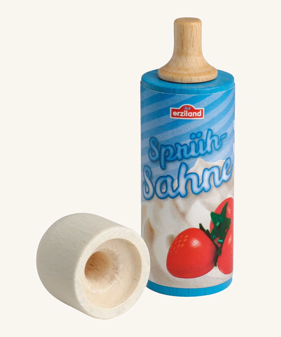 Erzi Wooden Squirty Cream, with a removable wooden lid. On a cream background