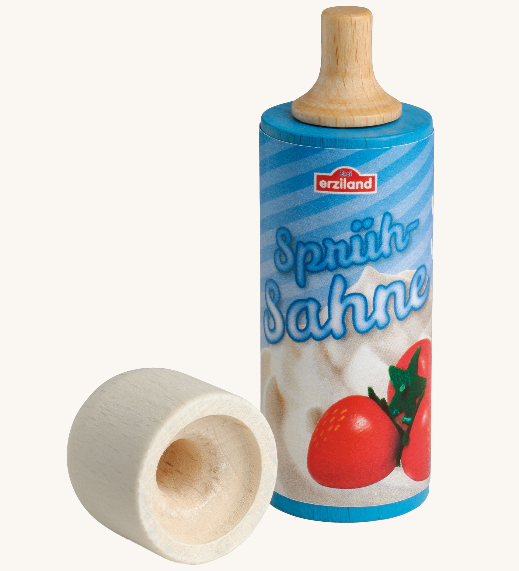 Erzi Wooden Squirty Cream, with a removable wooden lid. On a cream background