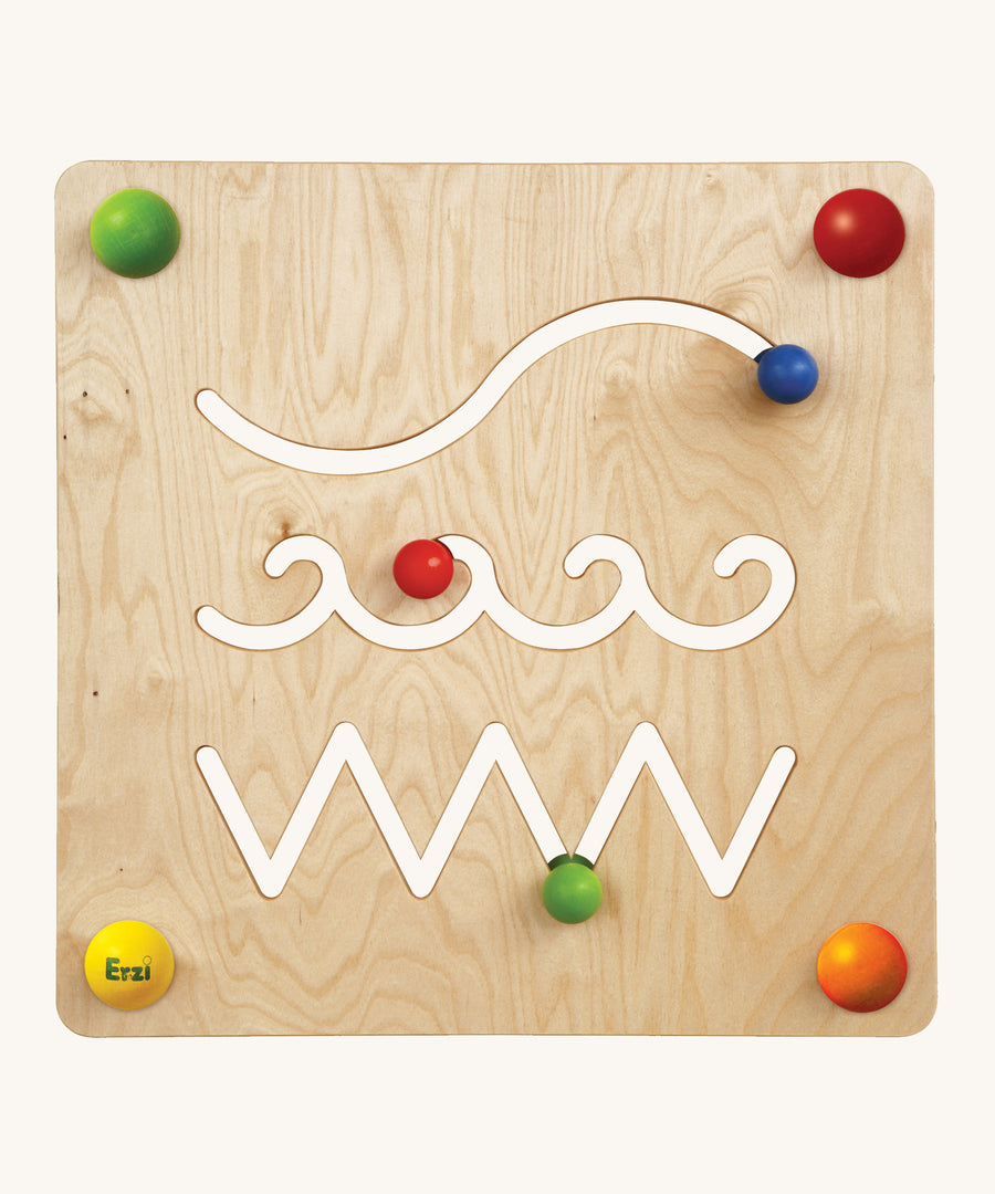 Erzi Sensory Path & Track Wall Board. A fun track game wall board, with sliding pieces which move within a cut out path. On a cream background