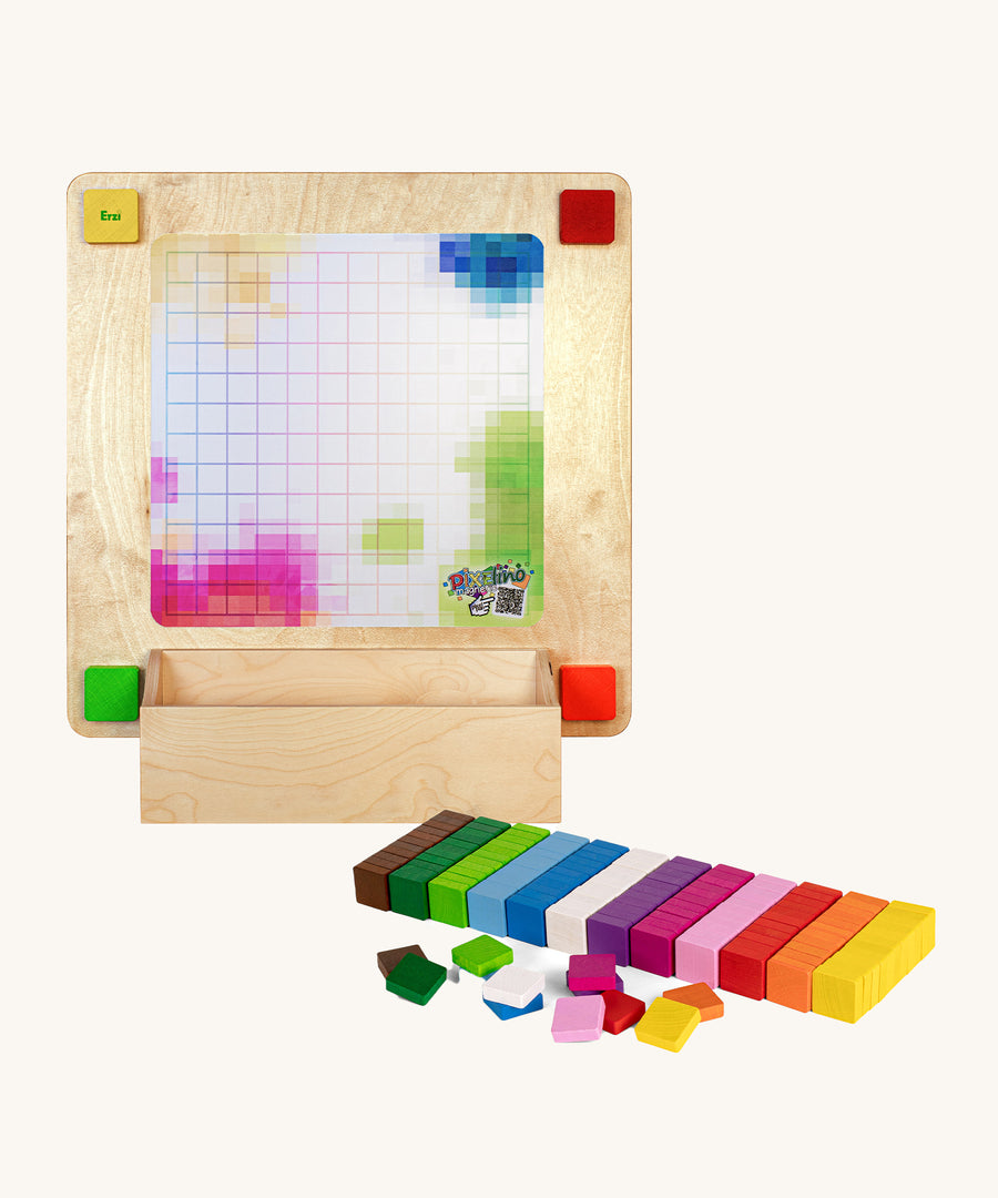 Erzi Pixelino Wall Board Game. A grid layout on an upright wooden board which allows users to create pixelated wall art using bright, colourful, square blocks. The board also come with a box to keep all the small woodn blocks inside.