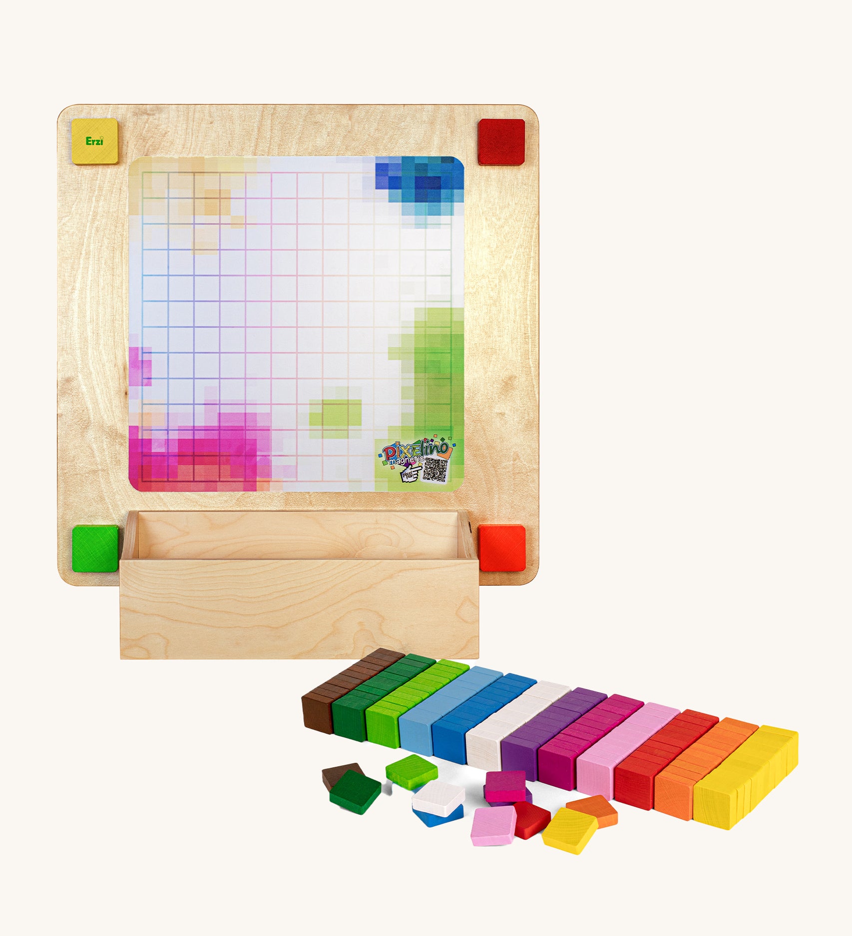 Erzi Pixelino Wall Board Game. A grid layout on an upright wooden board which allows users to create pixelated wall art using bright, colourful, square blocks. The board also come with a box to keep all the small woodn blocks inside.