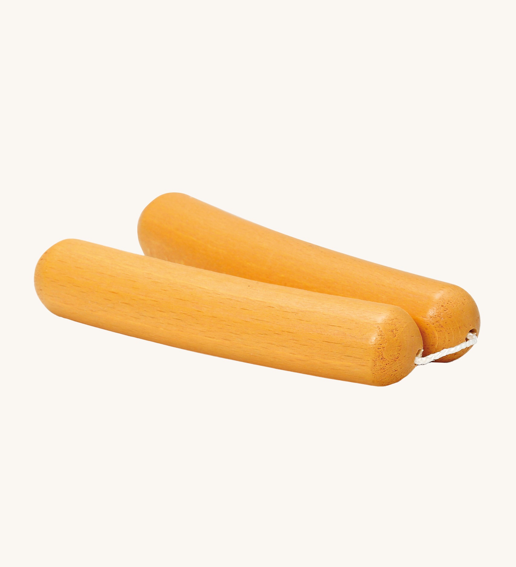 Erzi Wooden Wiener Sausages. 2 Wooden Wiener sausages held together with white cord, on a cream background. The natural wood grain shows through the colour, giving a realistic look of sausages