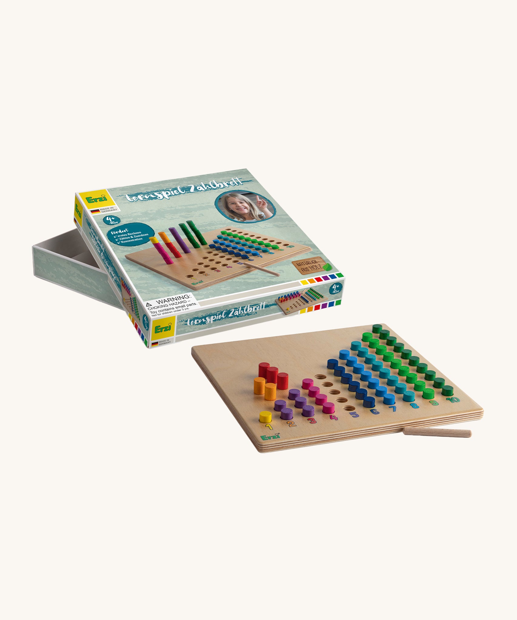 The Erzi Toys Counting Peg Board, stood in front of its box. The box has the image of the counting peg board.