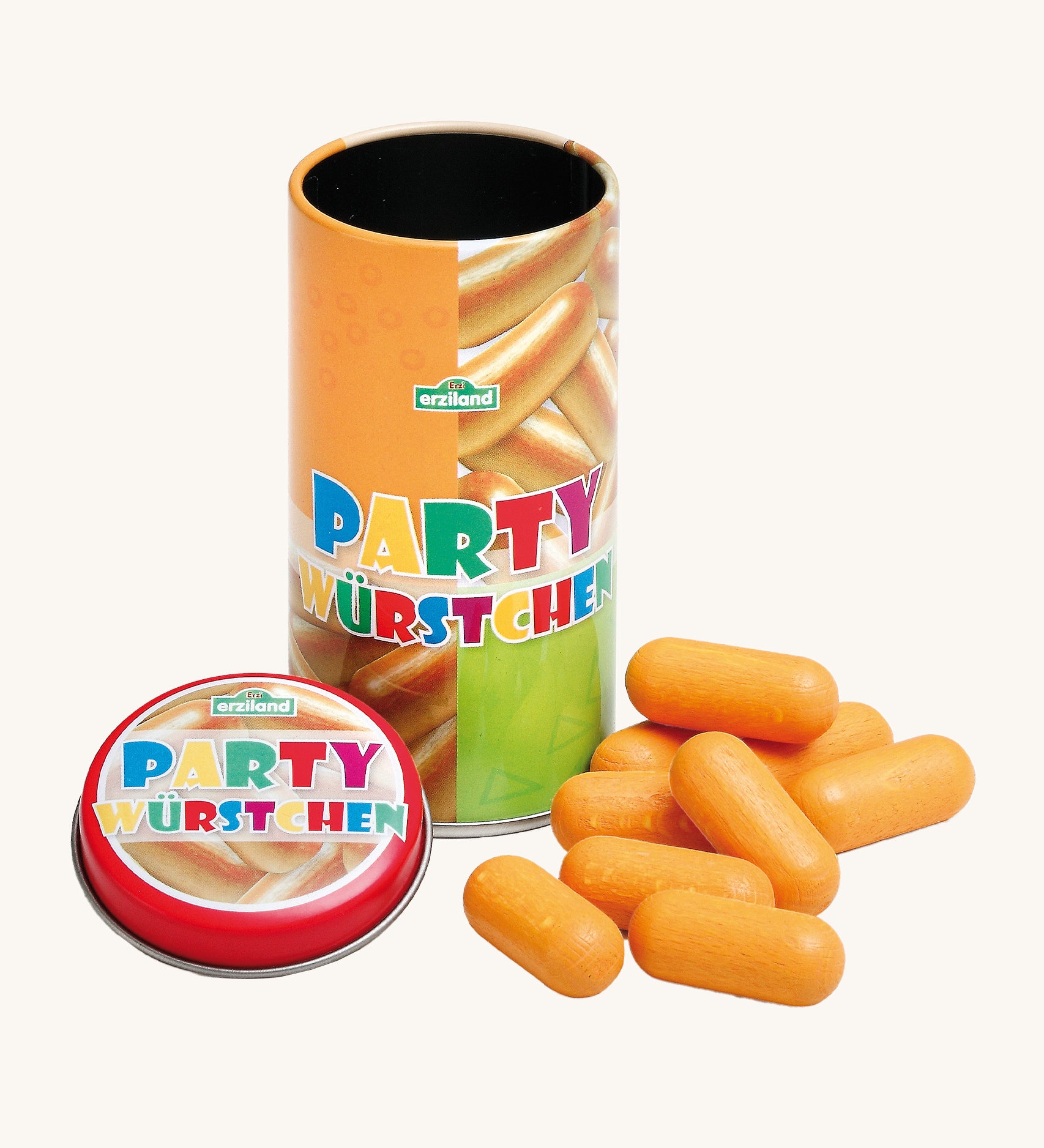 Erzi Wooden Party Sausages In A Tin. Perfect for a pretend snack, these mini pretend sausages look just like the real thing with their light brown colour and natural wood grain showing through. It makes them look almost like a real sausage. The image also shows the party tin they come in