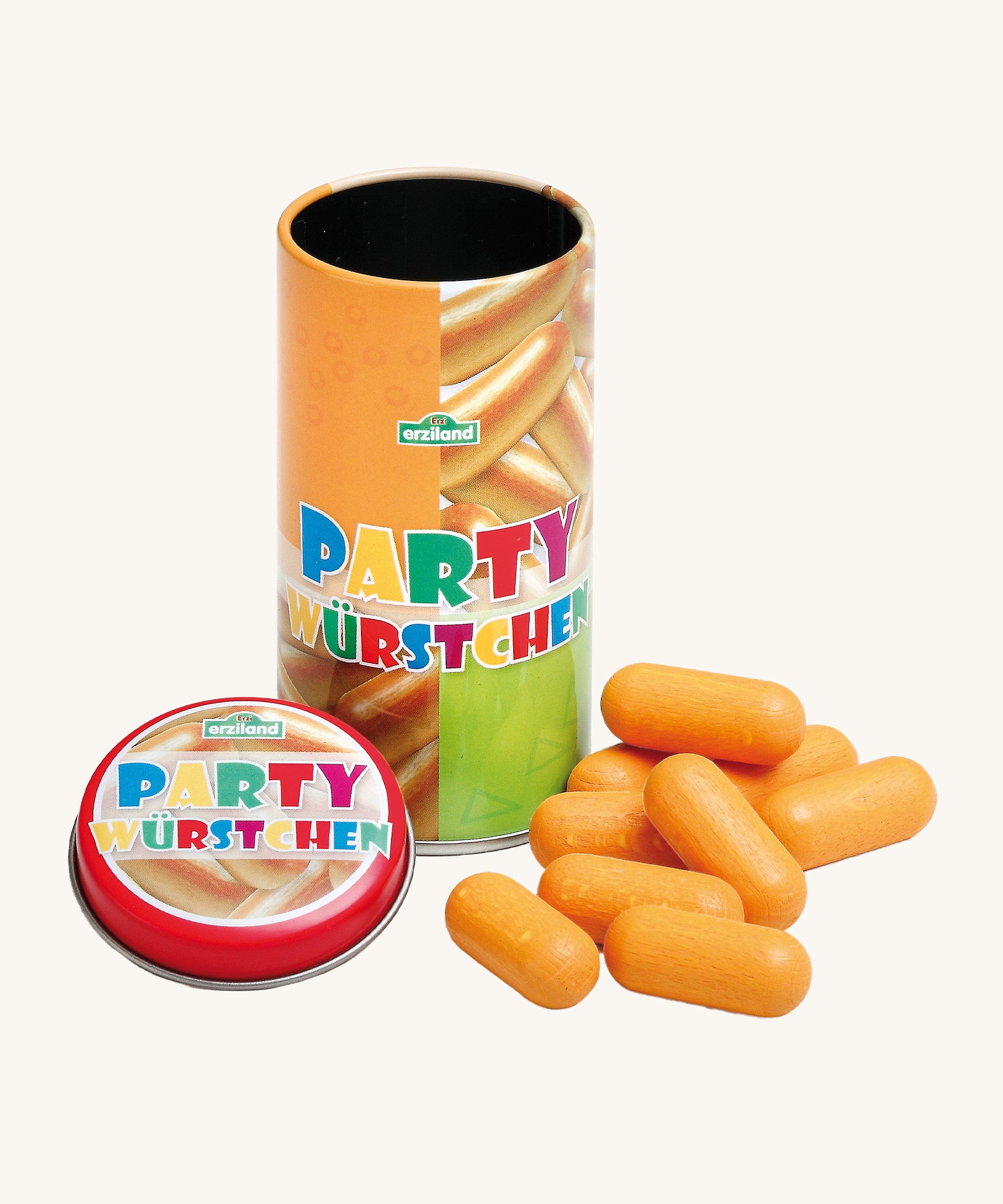 Erzi Wooden Party Sausages In A Tin. Perfect for a pretend snack, these mini pretend sausages look just like the real thing with their light brown colour and natural wood grain showing through. It makes them look almost like a real sausage. The image also shows the party tin they come in