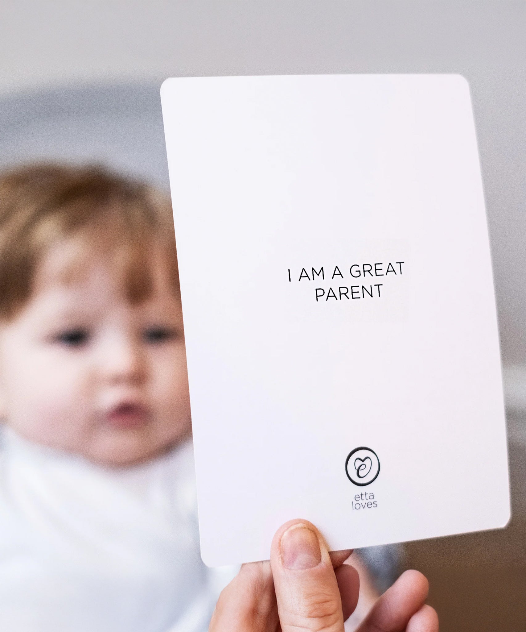 The Etta Loves Sensory Positive Affirmation Flash Cards, showing the Affirmations side for parents. The card reads "I am a great parent"