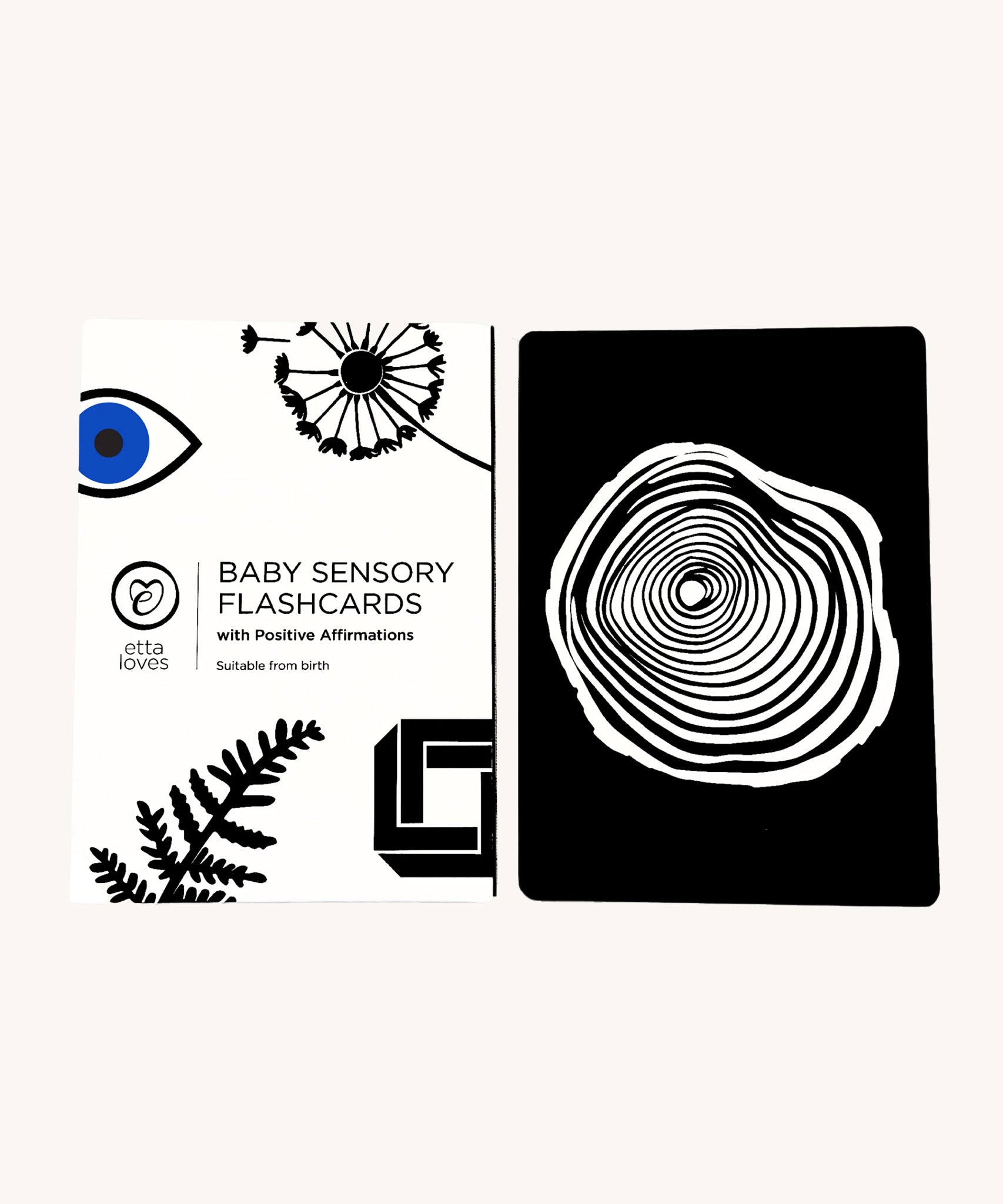 The Etta Loves Sensory Positive Affirmation Flash Cards showing the black and white spiral card, and the packaging box of the cards. The image is on a cream background