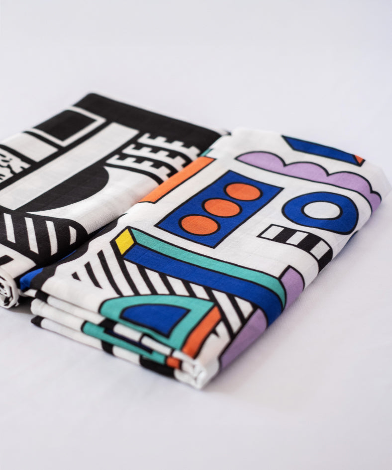 A closer look at the patterns of the Etta Loves x Camille Walala Muslin Cloths - 2 Pack