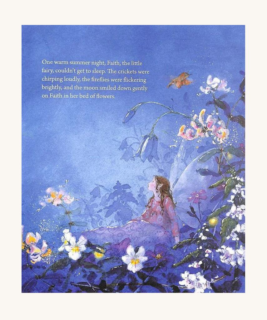 Little Fairy Can't Sleep by Daniela Drescher. The page is purple with a fairy lying in bed under beautiful flowers