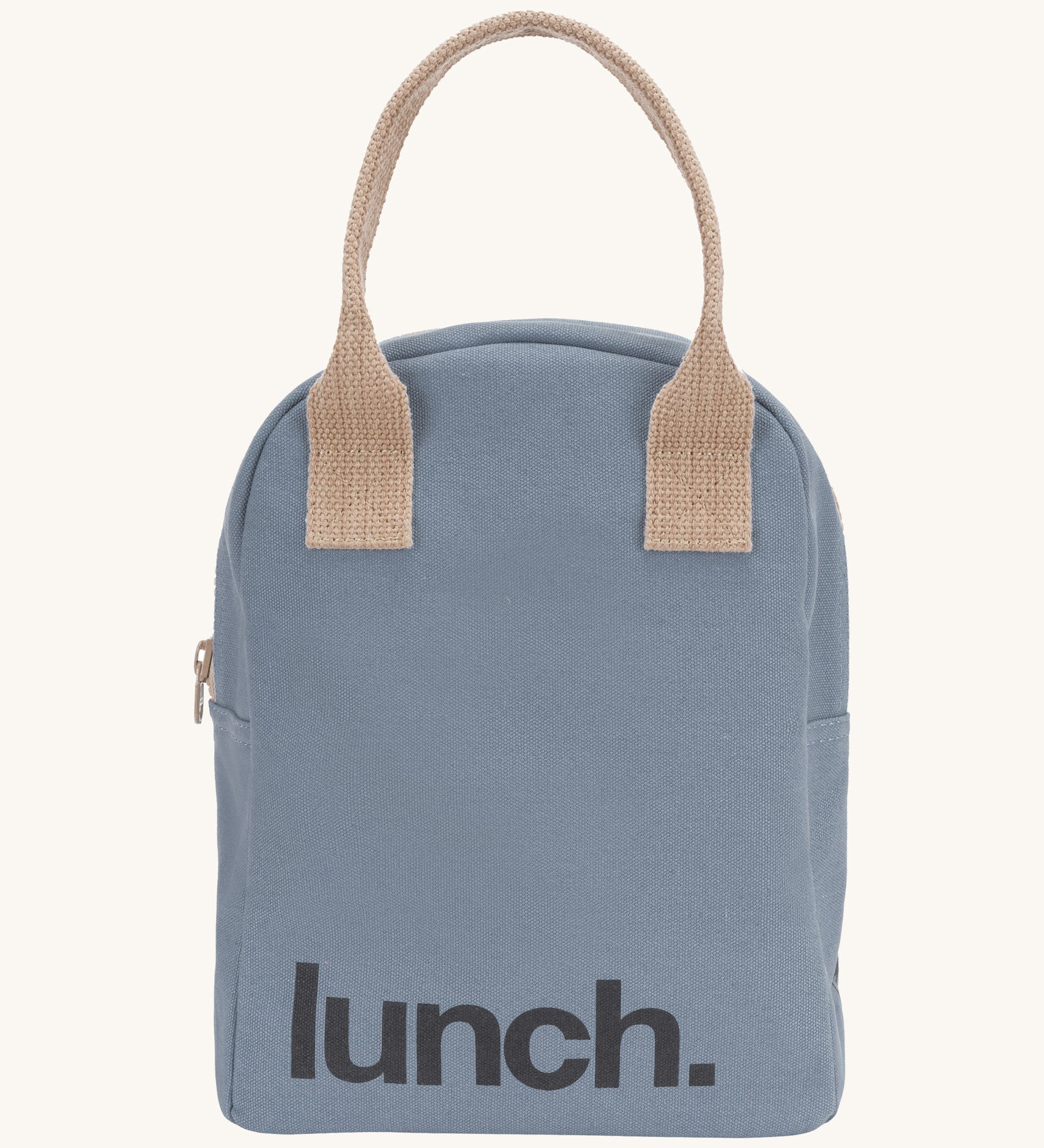 Fluf zip lunch bag in a light blue colour with a light brown handle and lunch logo on the bottom on a cream background.