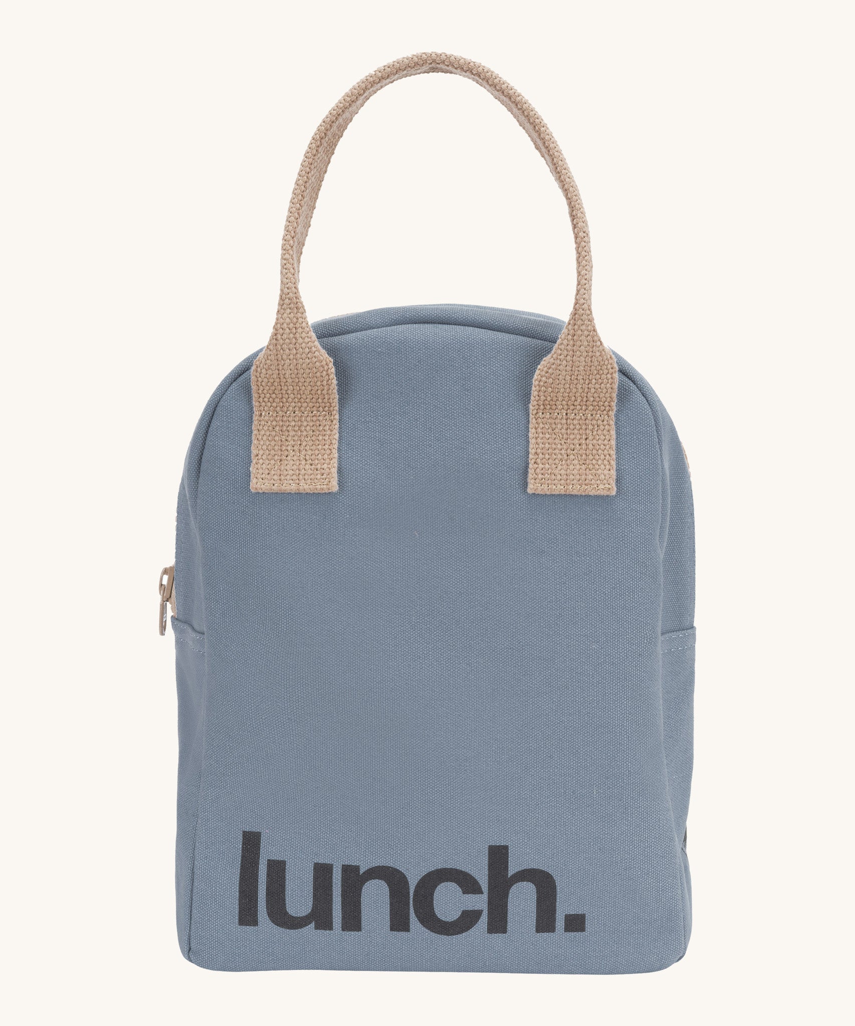 Fluf zip lunch bag in a light blue colour with a light brown handle and lunch logo on the bottom on a cream background.