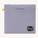 Fluf cotton snack pack with a flip velcro in light purple colour with snack printed on the front in black  back detail