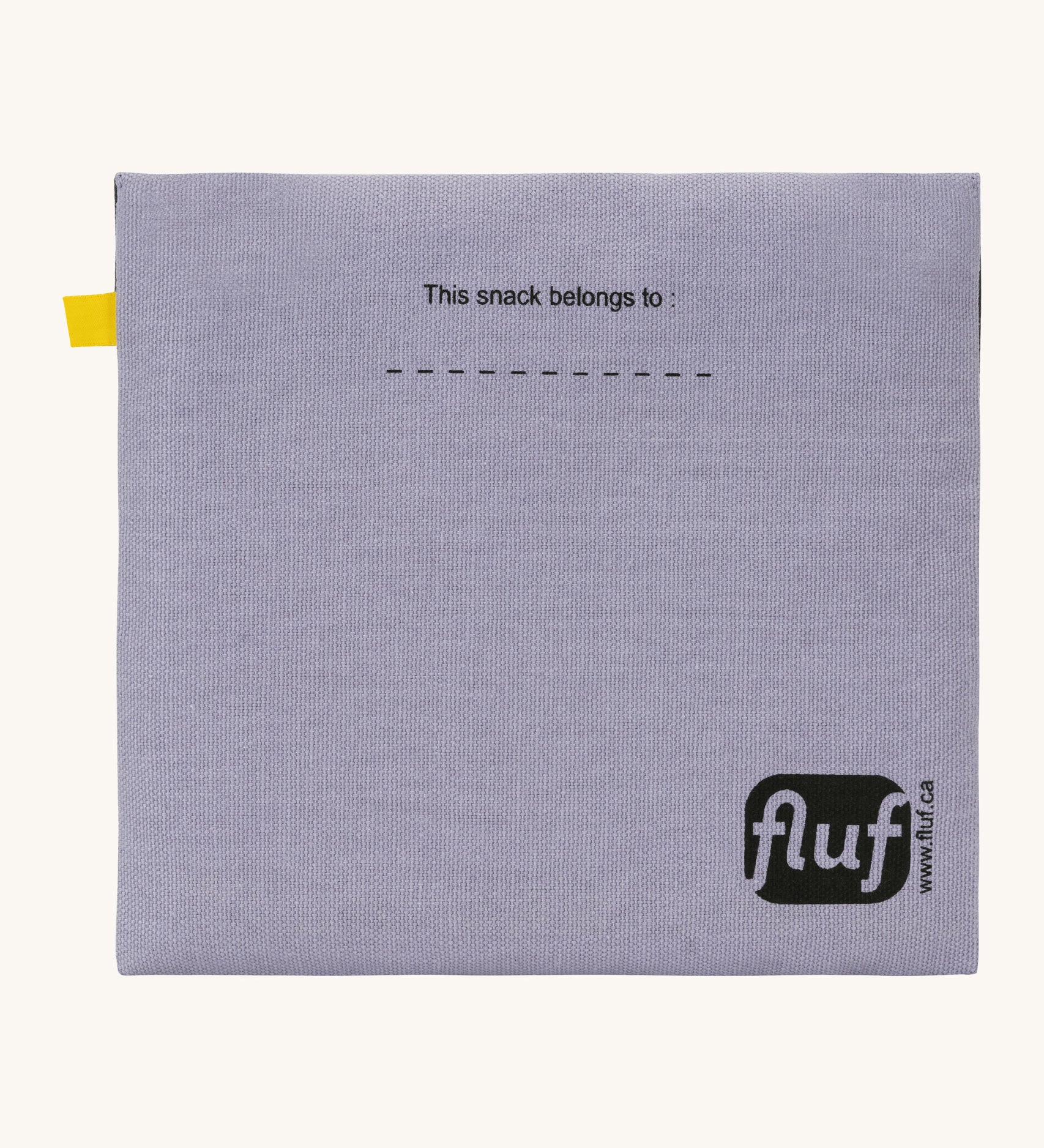 Fluf cotton snack pack with a flip velcro in light purple colour with snack printed on the front in black  back detail