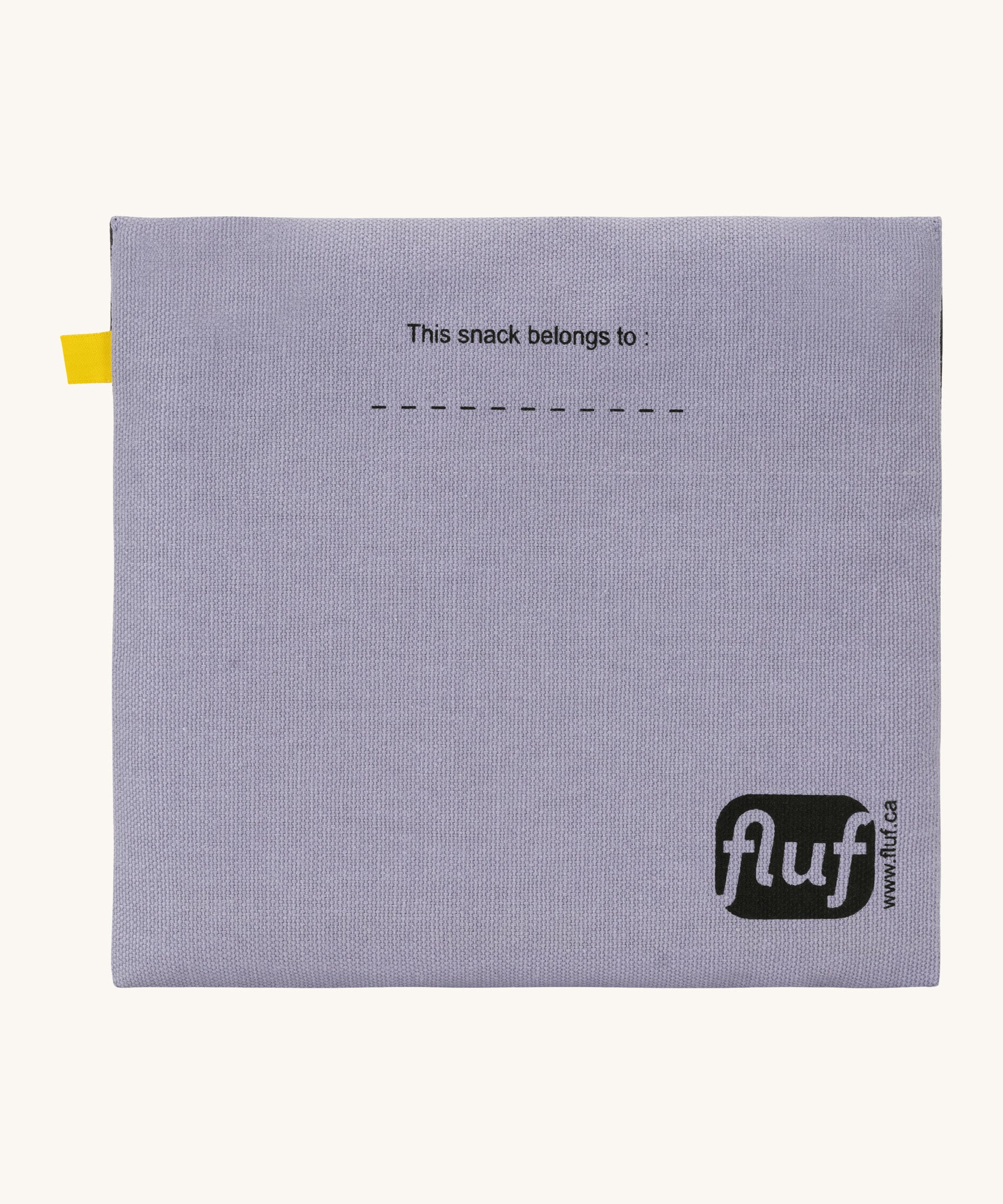 Fluf cotton snack pack with a flip velcro in light purple colour with snack printed on the front in black  back detail