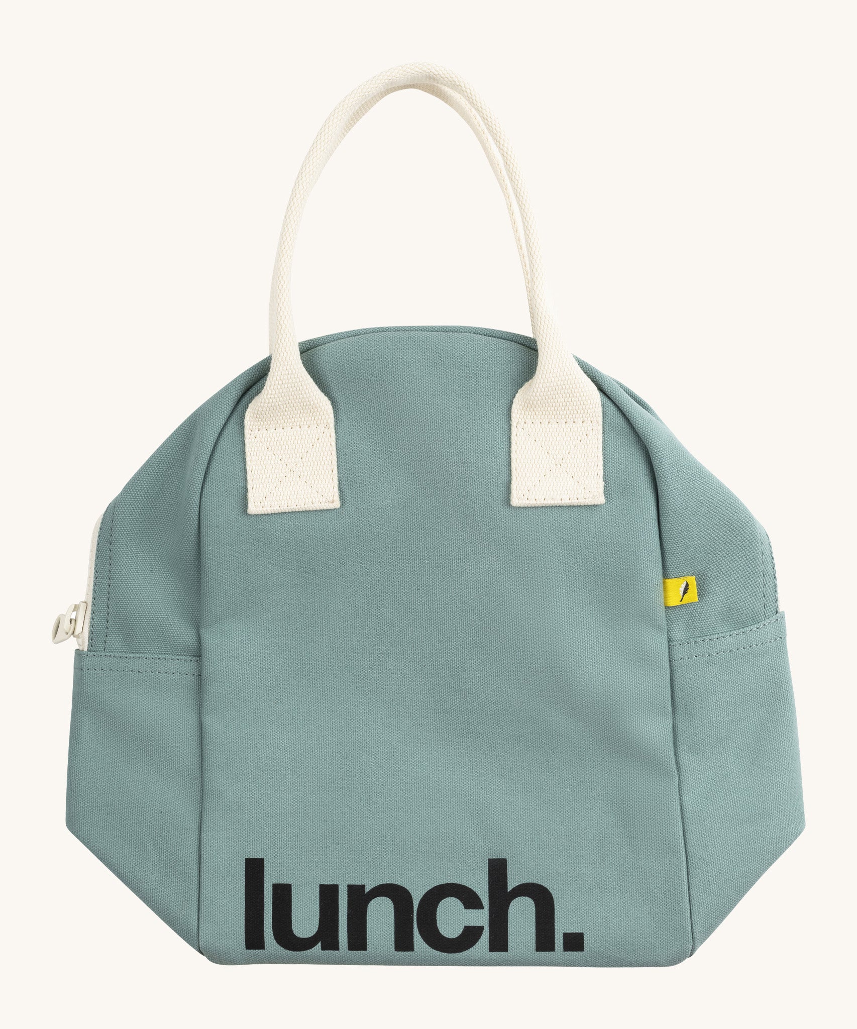 Fluf zip lunch bag in a light pastel blue colour laid flat with a white handle and lunch logo on the bottom on a cream background.