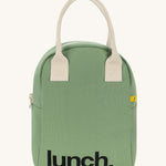 Fluf zip lunch bag in a light pastel green colour with a white handle and lunch logo on the bottom on a cream background.