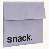 Fluf cotton snack pack with a flip velcro in light purple colour with snack printed on the front in black  side detail