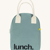 Fluf zip lunch bag in a light pastel blue colour with a white handle and lunch logo on the bottom on a cream background.