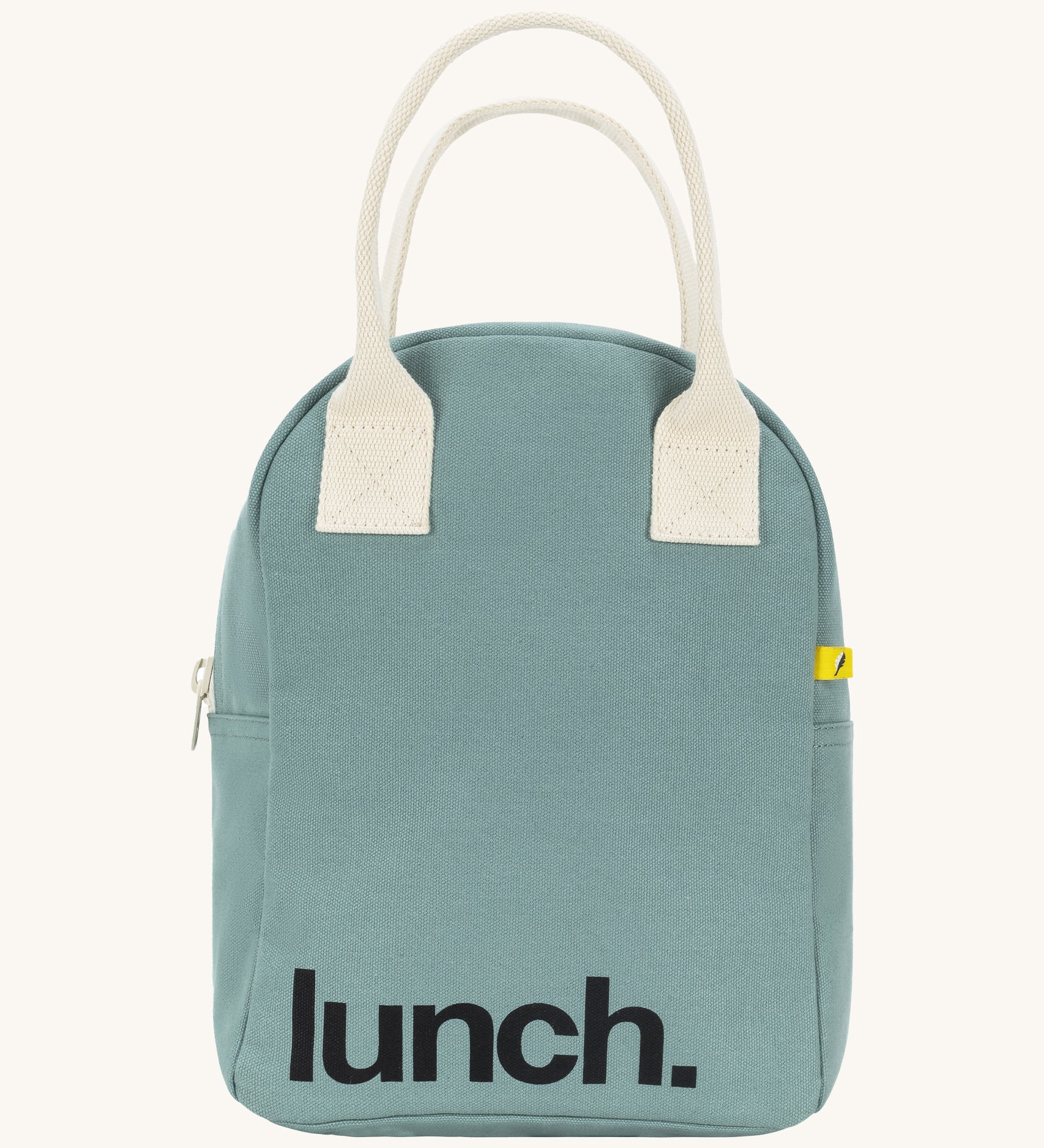 Fluf zip lunch bag in a light pastel blue colour with a white handle and lunch logo on the bottom on a cream background.