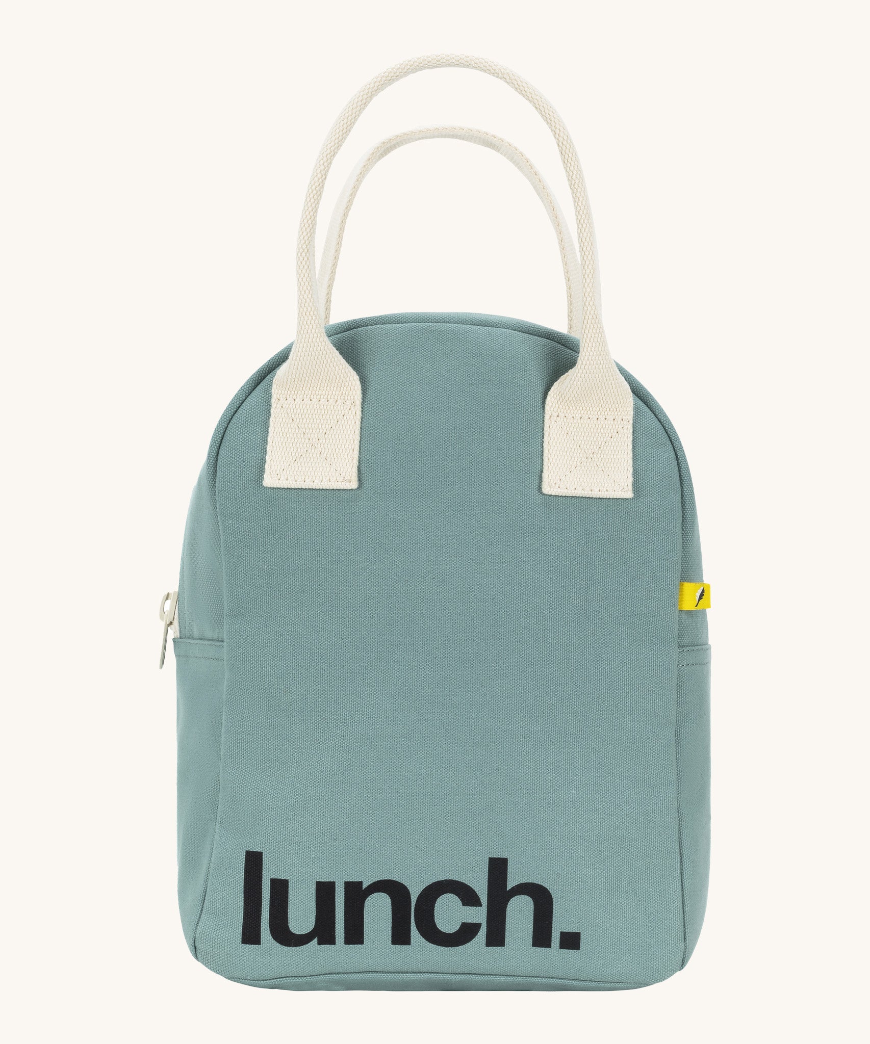 Fluf zip lunch bag in a light pastel blue colour with a white handle and lunch logo on the bottom on a cream background.