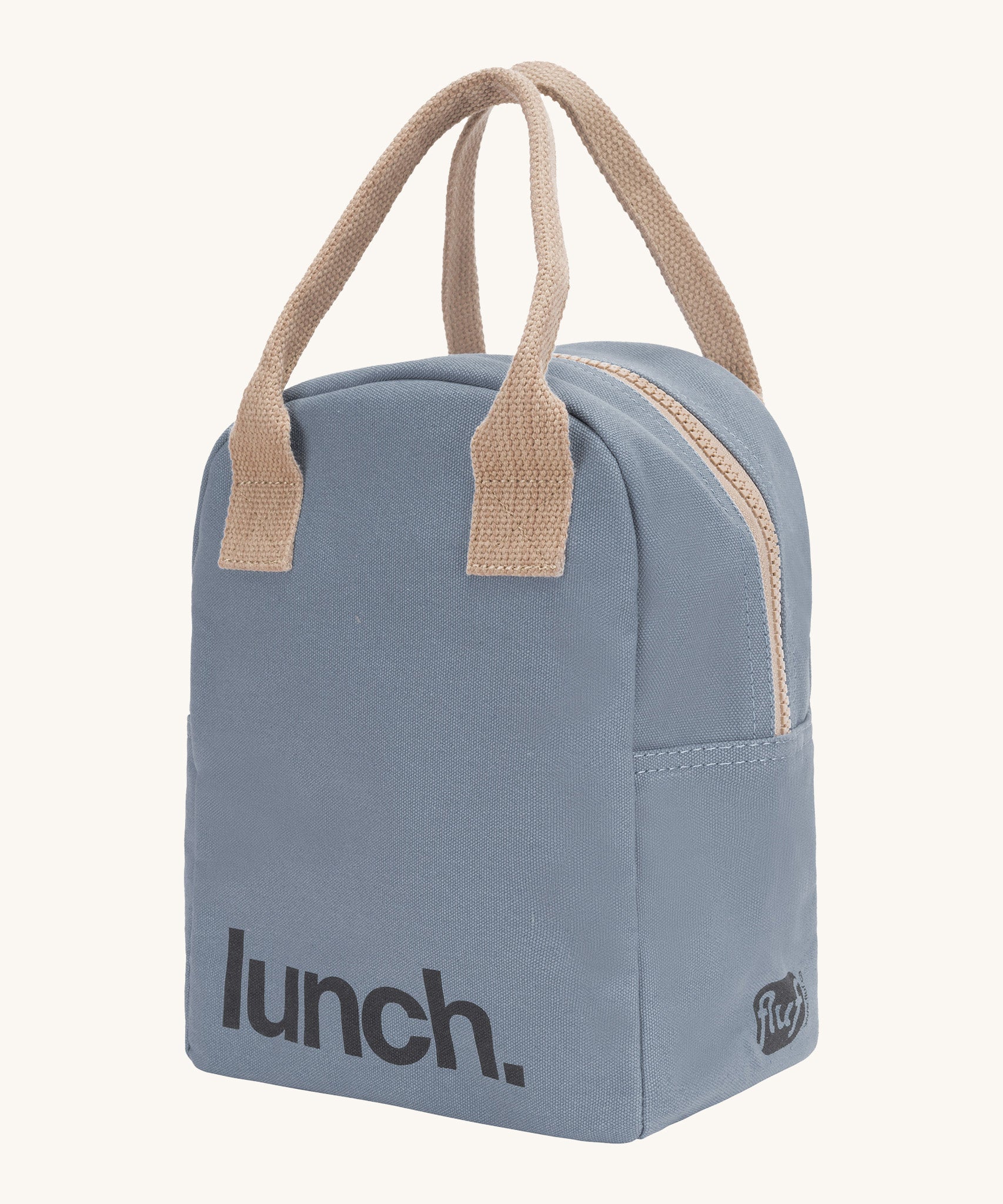 Fluf zip lunch bag in a light blue colour with a light brown handle and lunch logo on the bottom with a white zip side details on a cream background 