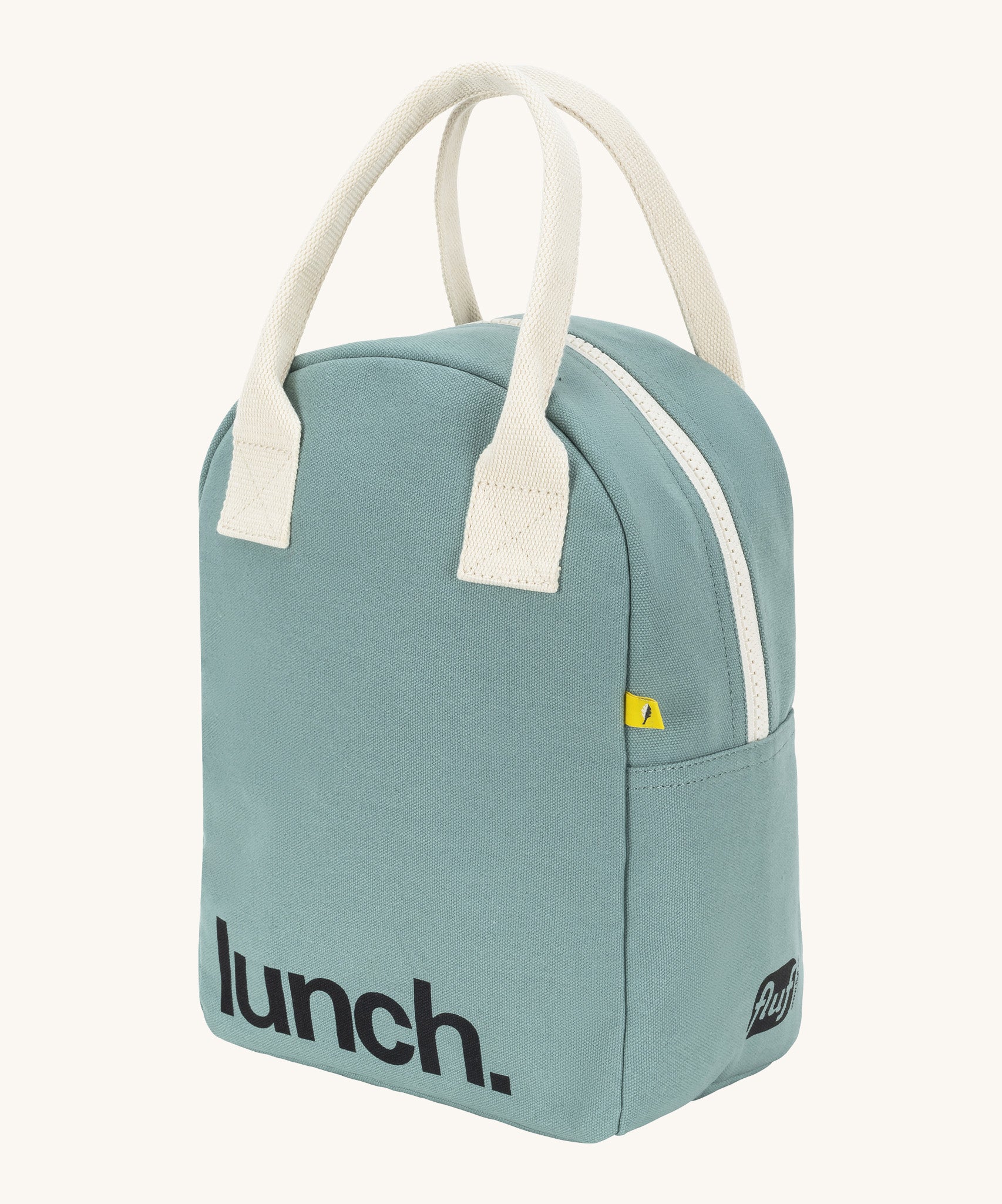 Fluf zip lunch bag in a light pastel blue colour with a white handle and lunch logo on the bottom with a white zip side details on a cream background 