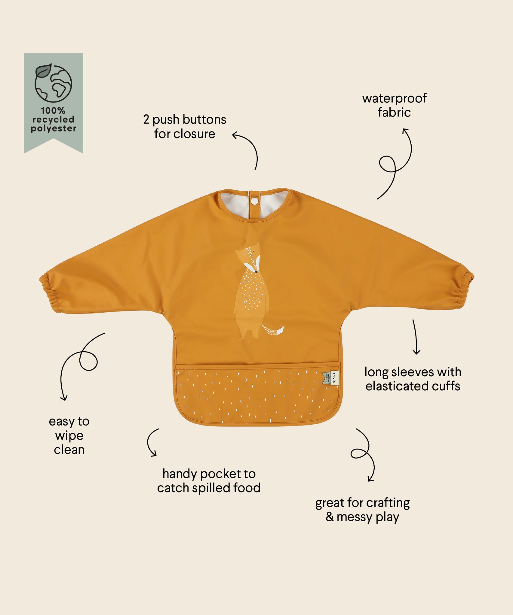 Trixie Animal Friends Waterproof Long Sleeve Bib, orange, Mr Fox. Infographic.