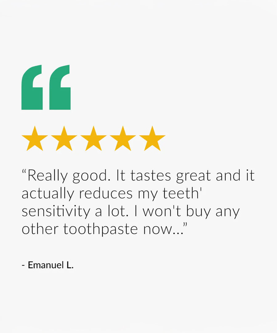 A 5 star review about the Green People Fresh Mint & Aloe Vera Toothpaste with Fluoride. The text reads "Really good. It tastes great and it actually reduces my teeth' sensitivity a lot. I won't buy any other toothpaste now..." Review by Emanuel L