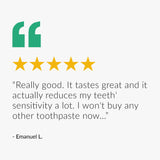 A 5 star review about the Green People Fresh Mint & Aloe Vera Toothpaste with Fluoride. The text reads "Really good. It tastes great and it actually reduces my teeth' sensitivity a lot. I won't buy any other toothpaste now..." Review by Emanuel L