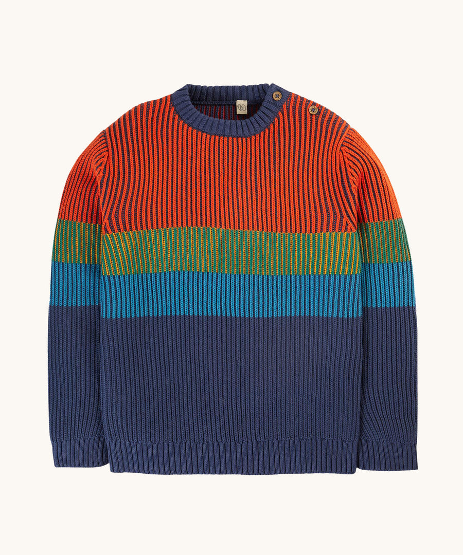 Frugi Top Notch Jumper - Navy Blue. A cosy knitted jumper with colourful, bold stripe print