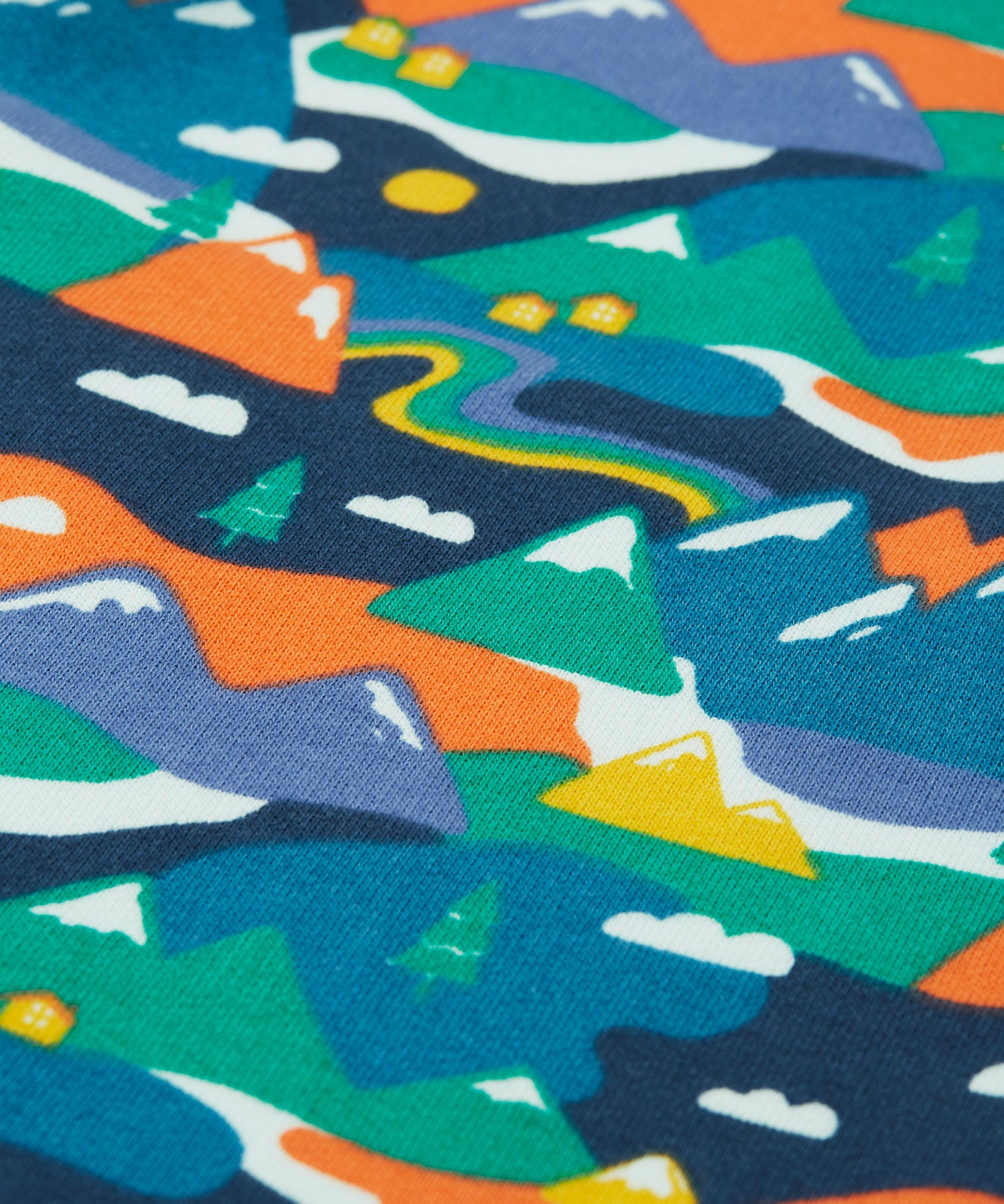 A look at the Alpine mountain print on the Frugi Malpas Joggers - Navy Alpine Adventures