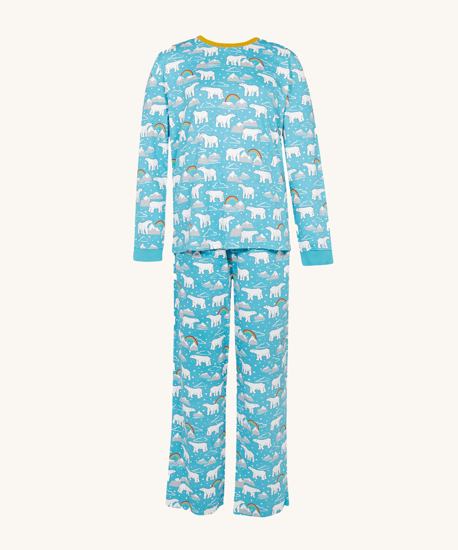 Frugi Adult Penzance Pyjamas - Winter Tails. This comfy pair of adult pyjamas comes in a polar bear design with icebergs and rainbows, yellow piping on the neck line, and a yellow drawstring waist tie.